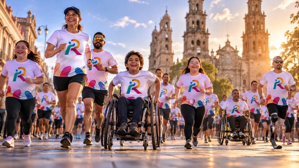Corredoras, corredores y personas en silla de ruedas con la playera de La Ruta avanzan juntos frente a la Catedral de Chihuahua